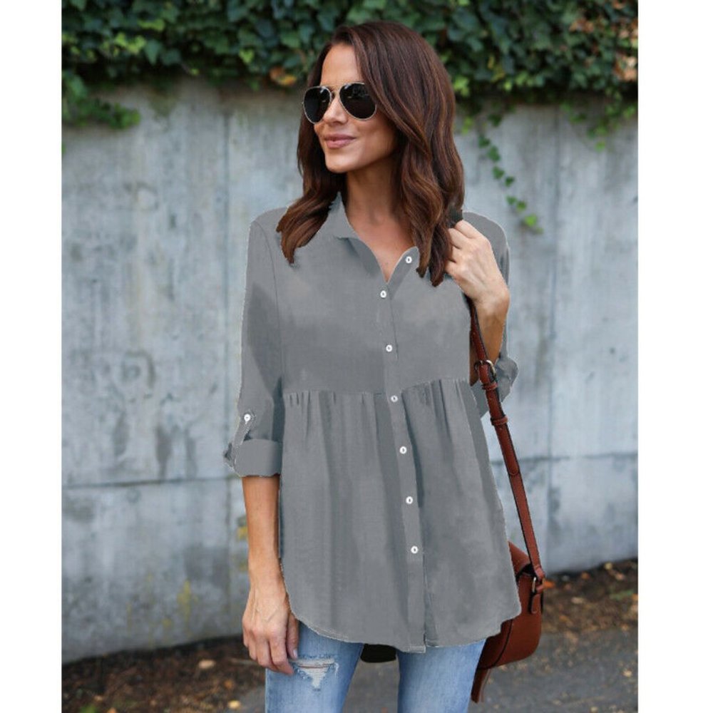 Tops T Shirt V Neck Button Chiffon Casual Blouse